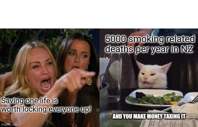 Woman Yelling At Cat Meme | 5000 smoking related deaths per year in NZ; Saving one life is worth locking everyone up! AND YOU MAKE MONEY TAXING IT | image tagged in memes,woman yelling at cat | made w/ Imgflip meme maker