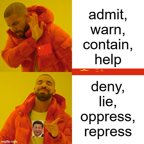 Drake Hotline Bling Meme | admit,
warn,
contain,
help; deny,
lie,
oppress,
repress | image tagged in memes,drake hotline bling,coronavirus,covid-19,china,communism | made w/ Imgflip meme maker