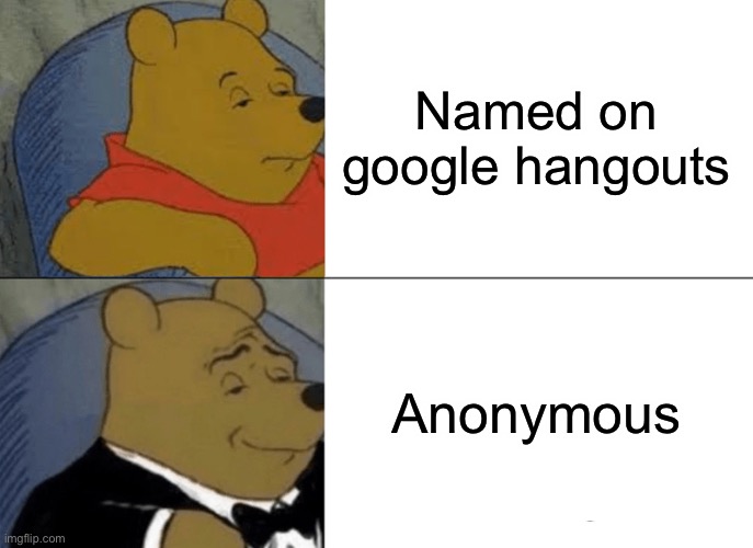 Tuxedo Winnie The Pooh Meme | Named on google hangouts; Anonymous | image tagged in memes,tuxedo winnie the pooh | made w/ Imgflip meme maker