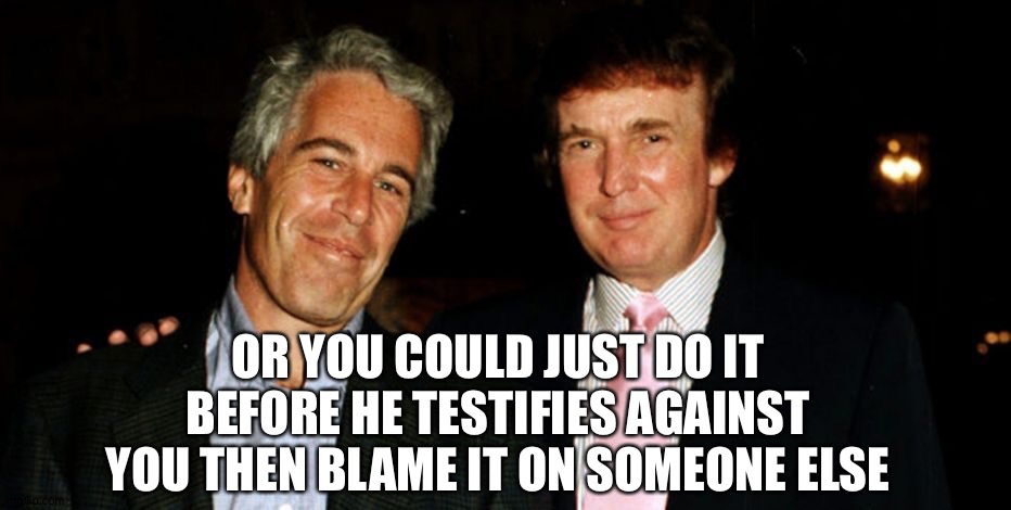 Trump Epstein | OR YOU COULD JUST DO IT BEFORE HE TESTIFIES AGAINST YOU THEN BLAME IT ON SOMEONE ELSE | image tagged in trump epstein | made w/ Imgflip meme maker