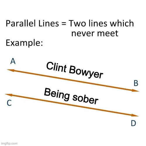 Two lines that never meet |  Clint Bowyer; Being sober | image tagged in two lines that never meet,clint bowyer,nascar,racing | made w/ Imgflip meme maker
