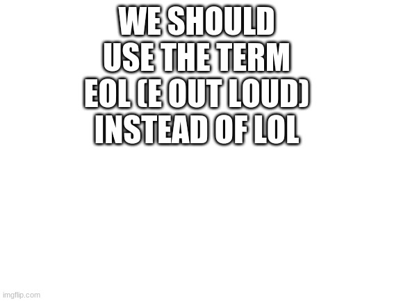EOL | WE SHOULD USE THE TERM EOL (E OUT LOUD) INSTEAD OF LOL | image tagged in blank white template | made w/ Imgflip meme maker