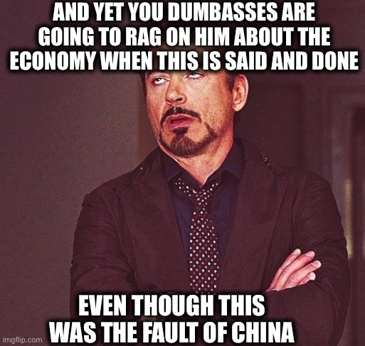 Robert Downey Jr Annoyed | AND YET YOU DUMBASSES ARE GOING TO RAG ON HIM ABOUT THE ECONOMY WHEN THIS IS SAID AND DONE EVEN THOUGH THIS WAS THE FAULT OF CHINA | image tagged in robert downey jr annoyed | made w/ Imgflip meme maker