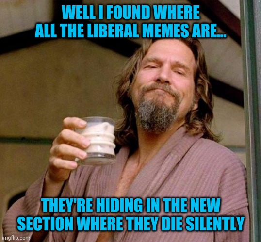 They DO Exist!  And Nobody Cares. | WELL I FOUND WHERE ALL THE LIBERAL MEMES ARE... THEY'RE HIDING IN THE NEW SECTION WHERE THEY DIE SILENTLY | image tagged in big lebowski,liberals,memes | made w/ Imgflip meme maker