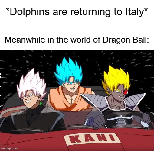 Oh Noes... | *Dolphins are returning to Italy*; Meanwhile in the world of Dragon Ball: | image tagged in what is love,memes,dragon ball,goku,goku black,turles | made w/ Imgflip meme maker