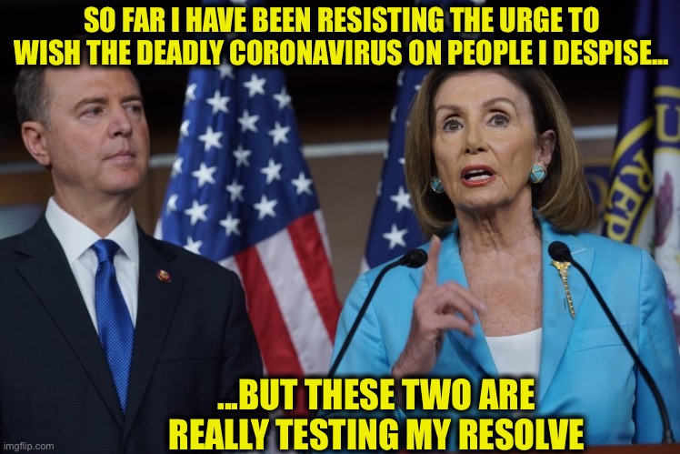 Fuck these two | SO FAR I HAVE BEEN RESISTING THE URGE TO WISH THE DEADLY CORONAVIRUS ON PEOPLE I DESPISE... ...BUT THESE TWO ARE REALLY TESTING MY RESOLVE | image tagged in nancy pelosi,adam schiff,coronavirus,covid-19 | made w/ Imgflip meme maker
