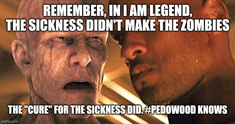 I Am Legend | REMEMBER, IN I AM LEGEND, THE SICKNESS DIDN'T MAKE THE ZOMBIES; THE "CURE" FOR THE SICKNESS DID. #PEDOWOOD KNOWS | image tagged in hollywood,zombies,vaccines | made w/ Imgflip meme maker