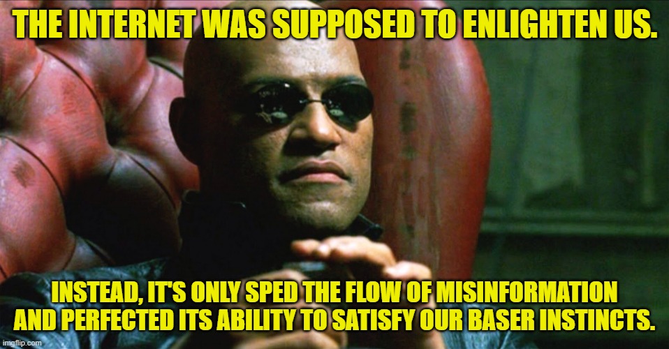 The Utopian goals of the internet could not survive contact with human nature. But it can still be a force for good. | THE INTERNET WAS SUPPOSED TO ENLIGHTEN US. INSTEAD, IT'S ONLY SPED THE FLOW OF MISINFORMATION AND PERFECTED ITS ABILITY TO SATISFY OUR BASER INSTINCTS. | image tagged in laurence fishburne morpheus,memes about memes,memes about memeing,internet,welcome to the internets,human stupidity | made w/ Imgflip meme maker