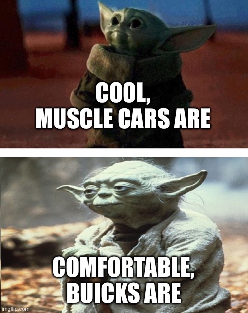 baby yoda old yoda |  COOL, MUSCLE CARS ARE; COMFORTABLE, BUICKS ARE | image tagged in baby yoda old yoda | made w/ Imgflip meme maker