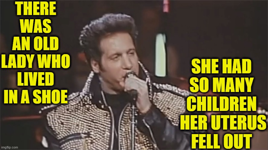The Rock Star of Stand-Up Comedy of the 80s | THERE WAS AN OLD LADY WHO LIVED IN A SHOE SHE HAD SO MANY CHILDREN  HER UTERUS FELL OUT | image tagged in vince vance,andrew dice clay,nursery rhymes,stand up,comic,old lady | made w/ Imgflip meme maker
