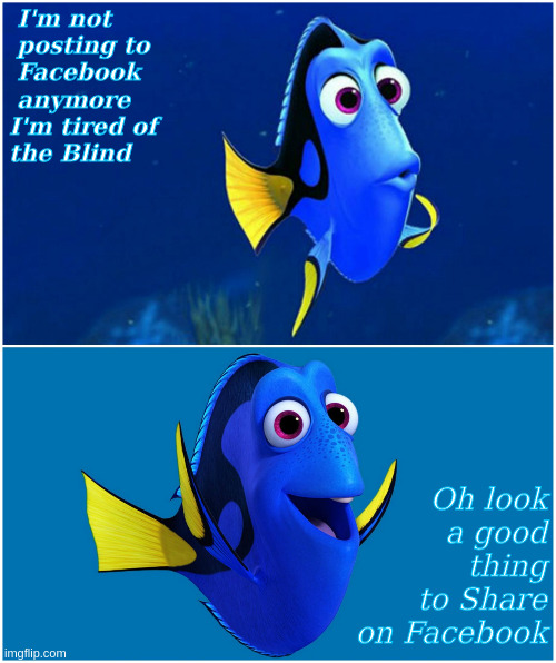 Not posting to Facebook any more | I'm not
 posting to 
 Facebook
 anymore
I'm tired of 
the Blind; Oh look
   a good
      thing
to Share
on Facebook | image tagged in dory | made w/ Imgflip meme maker