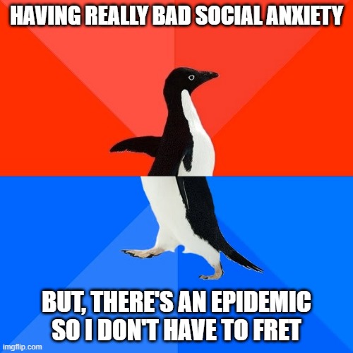 Great Time for Anxiety Plagued People | HAVING REALLY BAD SOCIAL ANXIETY; BUT, THERE'S AN EPIDEMIC SO I DON'T HAVE TO FRET | image tagged in memes,socially awesome awkward penguin | made w/ Imgflip meme maker