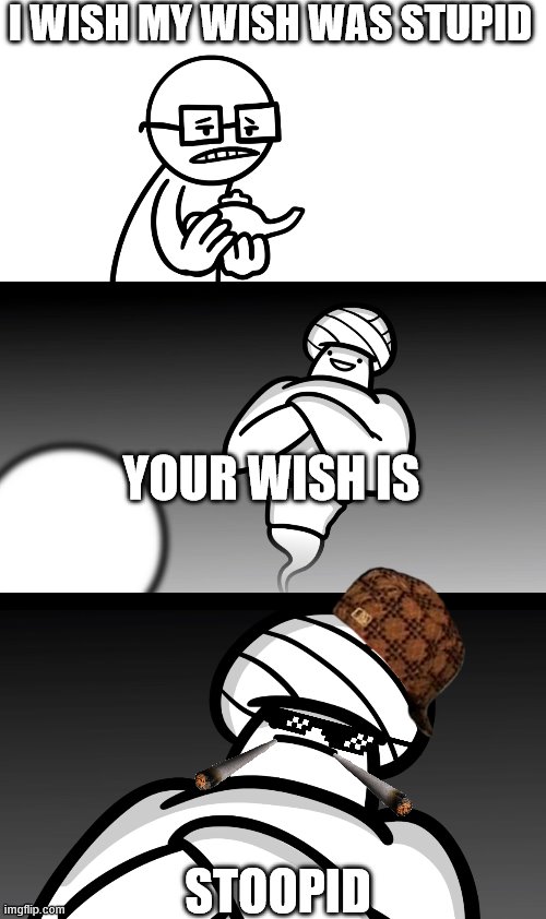 Your Wish is Stupid | I WISH MY WISH WAS STUPID; YOUR WISH IS; STOOPID | image tagged in memes,your wish is stupid,anti meme,funny | made w/ Imgflip meme maker