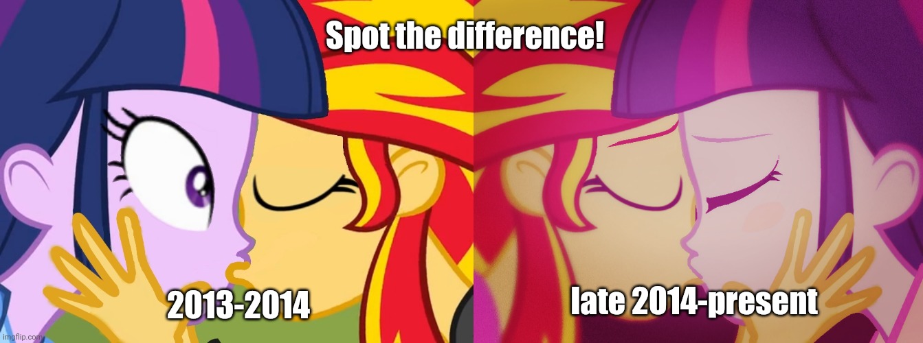 lel | Spot the difference! late 2014-present; 2013-2014 | image tagged in spot the difference,memes,funny,my little pony,equestria girls,kiss | made w/ Imgflip meme maker