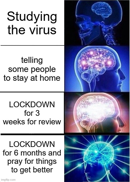 Expanding Brain | Studying the virus; telling some people to stay at home; LOCKDOWN for 3 weeks for review; LOCKDOWN for 6 months and pray for things to get better | image tagged in memes,expanding brain | made w/ Imgflip meme maker
