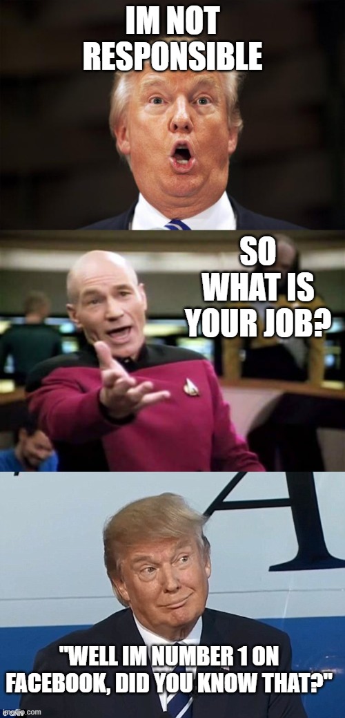 Pathetic, America is in trouble | IM NOT RESPONSIBLE; SO WHAT IS YOUR JOB? "WELL IM NUMBER 1 ON FACEBOOK, DID YOU KNOW THAT?" | image tagged in memes,picard wtf,maga,donald trump is an idiot,coronavirus | made w/ Imgflip meme maker
