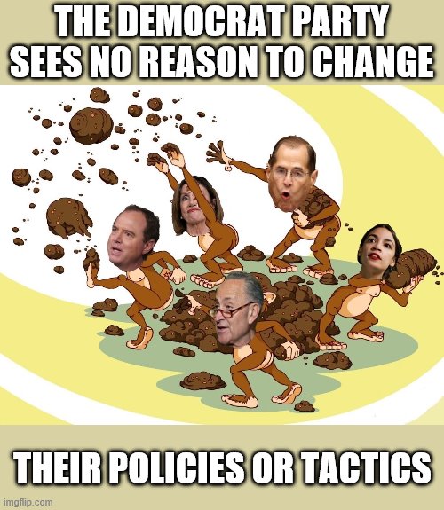 Dem policy: Fling own sh** | THE DEMOCRAT PARTY SEES NO REASON TO CHANGE; THEIR POLICIES OR TACTICS | image tagged in democrats,flinging poop,blame others for what you have done | made w/ Imgflip meme maker