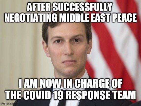 Bigly successful | AFTER SUCCESSFULLY  NEGOTIATING MIDDLE EAST PEACE; I AM NOW IN CHARGE OF THE COVID 19 RESPONSE TEAM | image tagged in jare kushner | made w/ Imgflip meme maker
