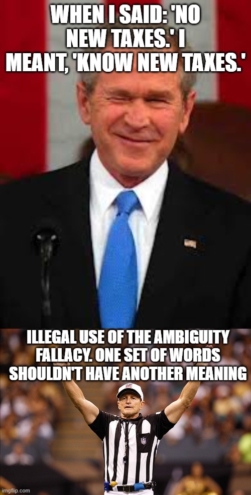  WHEN I SAID: 'NO NEW TAXES.' I MEANT, 'KNOW NEW TAXES.'; ILLEGAL USE OF THE AMBIGUITY FALLACY. ONE SET OF WORDS SHOULDN'T HAVE ANOTHER MEANING | image tagged in memes,george bush,logical fallacy referee nfl 85,bush,george w bush,logical fallacy referee | made w/ Imgflip meme maker