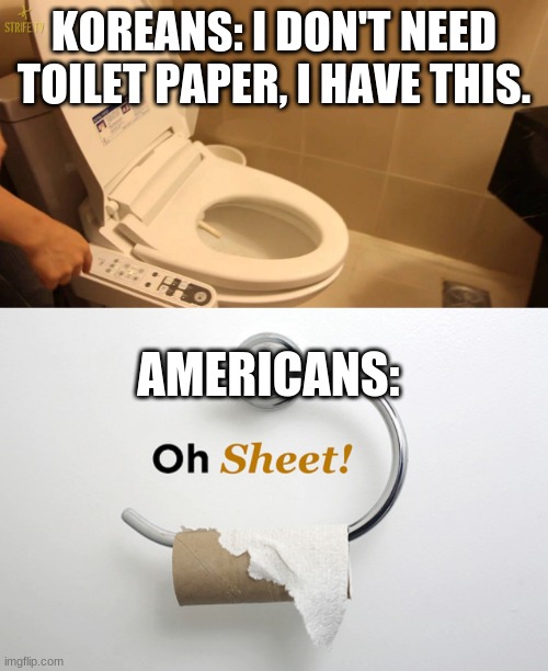 Toilet paper countdown | KOREANS: I DON'T NEED TOILET PAPER, I HAVE THIS. AMERICANS: | image tagged in toilet humor,funny | made w/ Imgflip meme maker