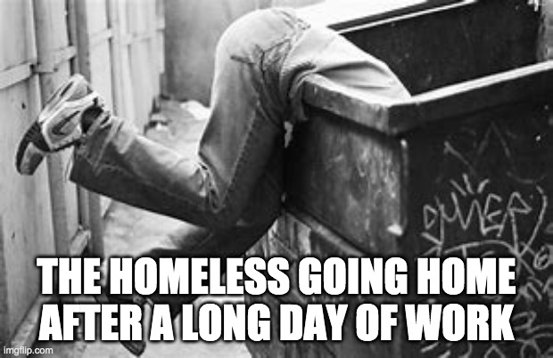 Homelessness in 2020 | THE HOMELESS GOING HOME AFTER A LONG DAY OF WORK | image tagged in homeless,dumpster,work,2020,quarantine | made w/ Imgflip meme maker