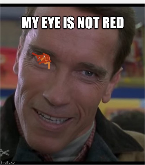 Arnie | MY EYE IS NOT RED | image tagged in arnie | made w/ Imgflip meme maker