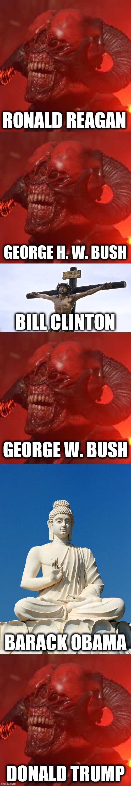 The Democrat / MSM Hall of Presidents: liars have been lying about moving to Canada long before Trump! | RONALD REAGAN; GEORGE H. W. BUSH; BILL CLINTON; GEORGE W. BUSH; BARACK OBAMA; DONALD TRUMP | image tagged in memes,democrats,mainstream media,satan,buddha,hall of presidents | made w/ Imgflip meme maker