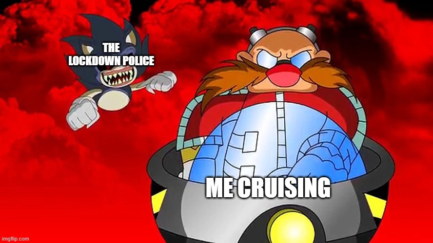 Chasing The Eggman | THE LOCKDOWN POLICE; ME CRUISING | image tagged in chasing the eggman | made w/ Imgflip meme maker