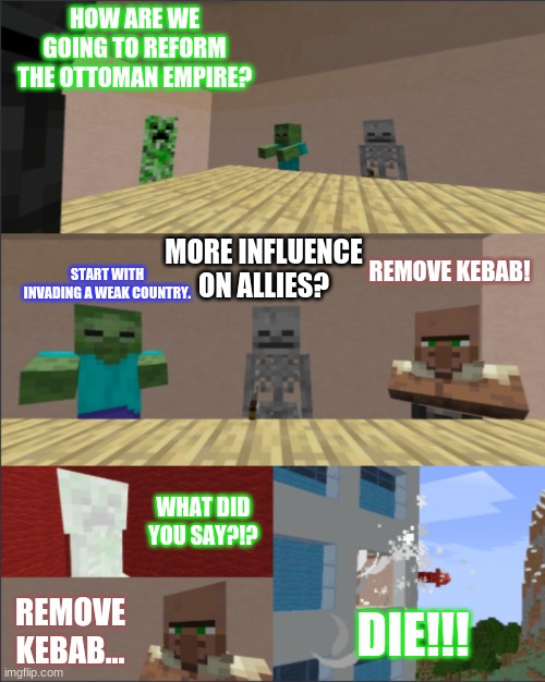 Turkish meeting in Istanbul XD. (First one when I had an account). | HOW ARE WE GOING TO REFORM THE OTTOMAN EMPIRE? MORE INFLUENCE ON ALLIES? START WITH INVADING A WEAK COUNTRY. REMOVE KEBAB! WHAT DID YOU SAY?!? REMOVE KEBAB... DIE!!! | image tagged in minecraft boardroom meeting suggestion meme | made w/ Imgflip meme maker