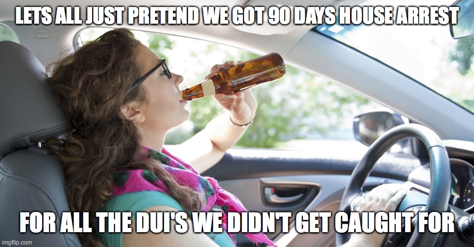 Drunk Driver Girl | LETS ALL JUST PRETEND WE GOT 90 DAYS HOUSE ARREST; FOR ALL THE DUI'S WE DIDN'T GET CAUGHT FOR | image tagged in drunk driver girl | made w/ Imgflip meme maker