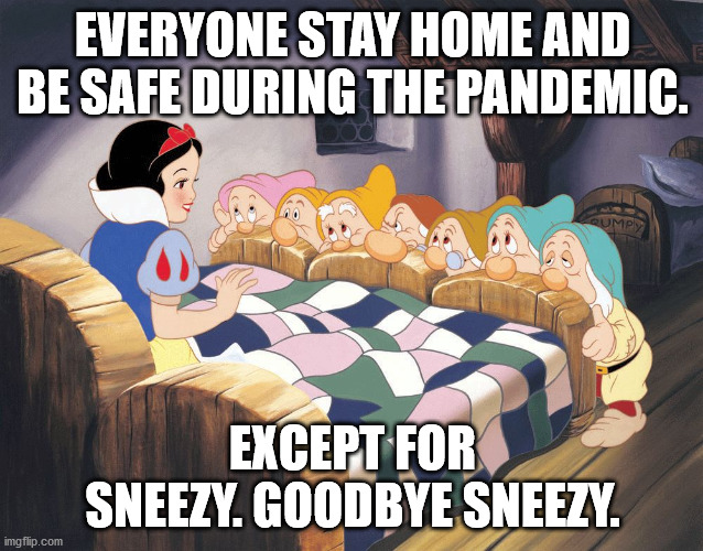 Snow white | EVERYONE STAY HOME AND BE SAFE DURING THE PANDEMIC. EXCEPT FOR SNEEZY. GOODBYE SNEEZY. | image tagged in snow white | made w/ Imgflip meme maker
