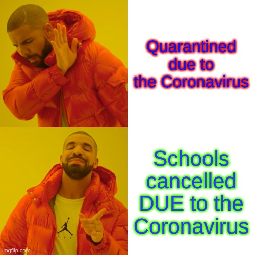 Drake Hotline Bling | Quarantined due to the Coronavirus; Schools cancelled DUE to the Coronavirus | image tagged in memes,drake hotline bling | made w/ Imgflip meme maker