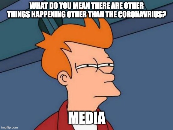 Futurama Fry Meme | WHAT DO YOU MEAN THERE ARE OTHER THINGS HAPPENING OTHER THAN THE CORONAVRIUS? MEDIA | image tagged in memes,futurama fry | made w/ Imgflip meme maker