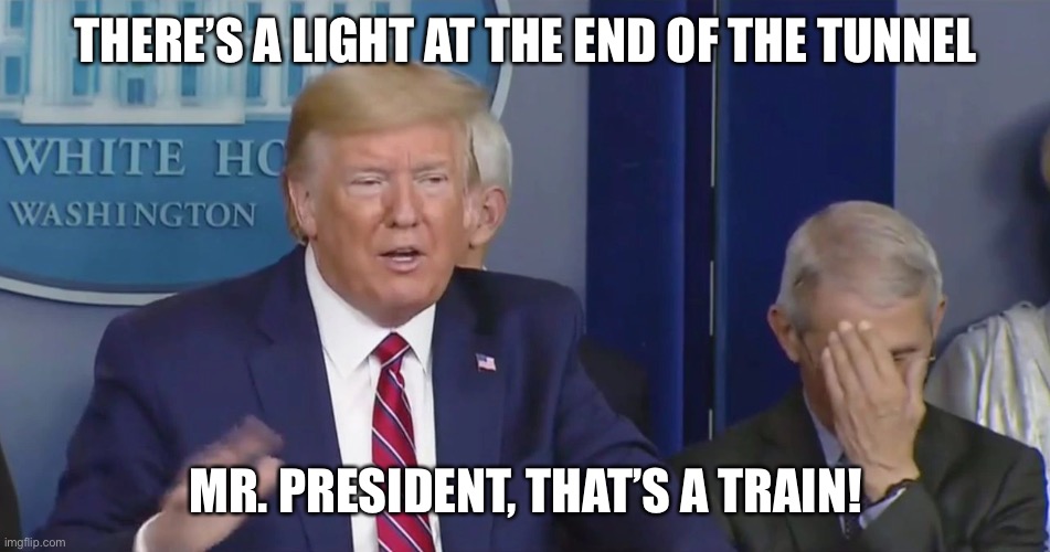 Trump Fauci | THERE’S A LIGHT AT THE END OF THE TUNNEL; MR. PRESIDENT, THAT’S A TRAIN! | image tagged in trump fauci | made w/ Imgflip meme maker