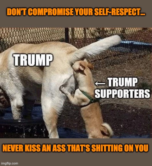 Trump ass kissers | DON'T COMPROMISE YOUR SELF-RESPECT... NEVER KISS AN ASS THAT'S SHITTING ON YOU | image tagged in donald trump,kiss my ass,republicans,fox news,conservatives | made w/ Imgflip meme maker