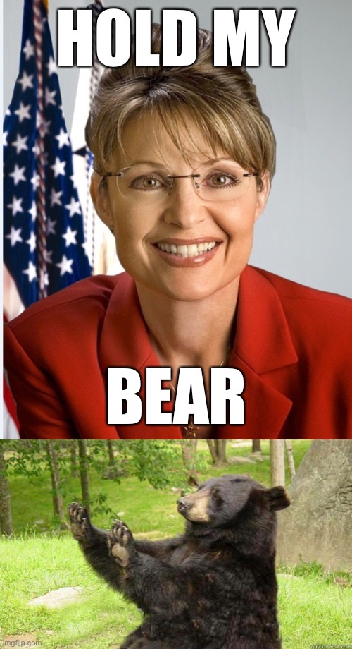 Who's the most hated woman in politics? | HOLD MY BEAR | image tagged in how about no bear,sarah palin official,politics lol,bear,woman,republicans | made w/ Imgflip meme maker