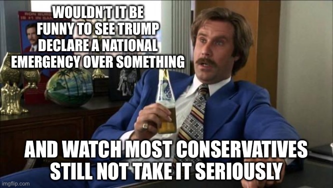 When even Trump realizes the narrative of 5 weeks ago isn’t cutting it anymore | WOULDN’T IT BE FUNNY TO SEE TRUMP DECLARE A NATIONAL EMERGENCY OVER SOMETHING AND WATCH MOST CONSERVATIVES STILL NOT TAKE IT SERIOUSLY | image tagged in ron burgundy,covid-19,coronavirus,pandemic,conservative logic,emergency | made w/ Imgflip meme maker