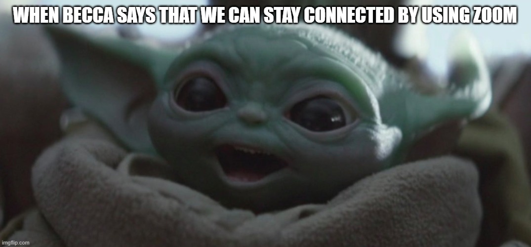 Happy Baby Yoda | WHEN BECCA SAYS THAT WE CAN STAY CONNECTED BY USING ZOOM | image tagged in happy baby yoda | made w/ Imgflip meme maker