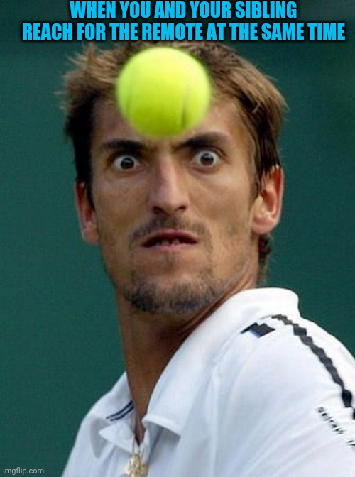 tennis head | WHEN YOU AND YOUR SIBLING REACH FOR THE REMOTE AT THE SAME TIME | image tagged in tennis head | made w/ Imgflip meme maker