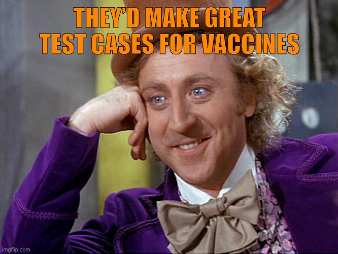 Big Willy Wonka Tell Me Again | THEY’D MAKE GREAT TEST CASES FOR VACCINES | image tagged in big willy wonka tell me again | made w/ Imgflip meme maker
