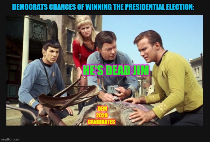 He's dead Jim | DEMOCRATS CHANCES OF WINNING THE PRESIDENTIAL ELECTION:; HE'S DEAD JIM; DEM 2020 CANDIDATES | image tagged in he's dead jim,democrats,losers,stupid liberals | made w/ Imgflip meme maker