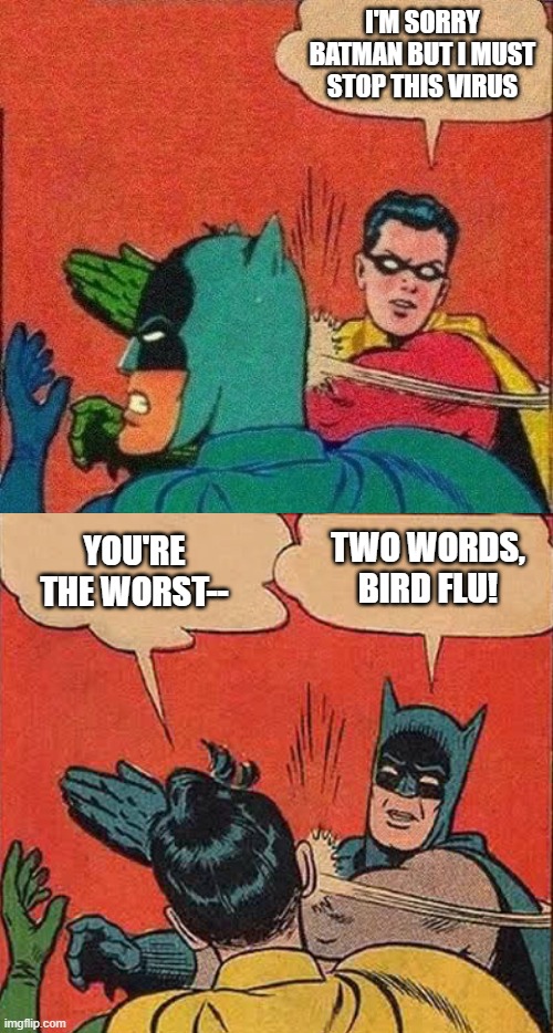 Just realize, they both have viruses connected to them. | I'M SORRY BATMAN BUT I MUST STOP THIS VIRUS YOU'RE THE WORST-- TWO WORDS, BIRD FLU! | image tagged in robin slaps batman | made w/ Imgflip meme maker
