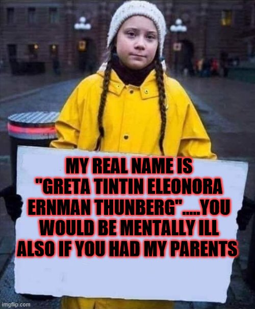 Greta | MY REAL NAME IS "GRETA TINTIN ELEONORA ERNMAN THUNBERG".....YOU WOULD BE MENTALLY ILL ALSO IF YOU HAD MY PARENTS | image tagged in greta | made w/ Imgflip meme maker