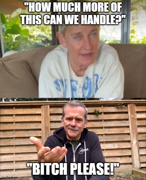 "Look up" to Chris | "HOW MUCH MORE OF THIS CAN WE HANDLE?"; "BITCH PLEASE!" | image tagged in astronaut,ellen degeneres,chris hadfield | made w/ Imgflip meme maker