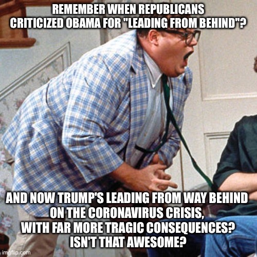 Trump leading from behind and in over his head | REMEMBER WHEN REPUBLICANS CRITICIZED OBAMA FOR "LEADING FROM BEHIND"? AND NOW TRUMP'S LEADING FROM WAY BEHIND 
ON THE CORONAVIRUS CRISIS, 
WITH FAR MORE TRAGIC CONSEQUENCES?
ISN'T THAT AWESOME? | image tagged in chris farley for the love of god | made w/ Imgflip meme maker