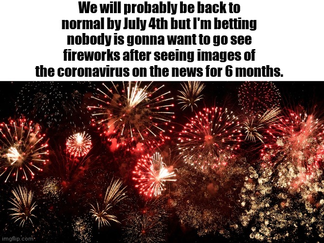 I like fireworks as much as the next guy but... | We will probably be back to normal by July 4th but I'm betting nobody is gonna want to go see fireworks after seeing images of the coronavirus on the news for 6 months. | image tagged in coronavirus,fireworks | made w/ Imgflip meme maker