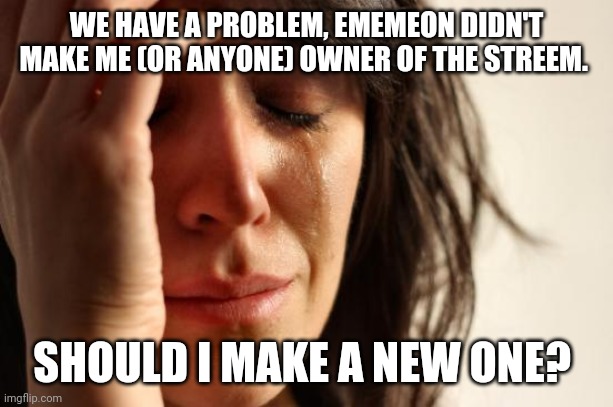 First World Problems | WE HAVE A PROBLEM, EMEMEON DIDN'T MAKE ME (OR ANYONE) OWNER OF THE STREEM. SHOULD I MAKE A NEW ONE? | image tagged in memes,first world problems | made w/ Imgflip meme maker