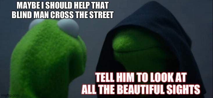 Evil Kermit | MAYBE I SHOULD HELP THAT BLIND MAN CROSS THE STREET; TELL HIM TO LOOK AT ALL THE BEAUTIFUL SIGHTS | image tagged in memes,evil kermit | made w/ Imgflip meme maker