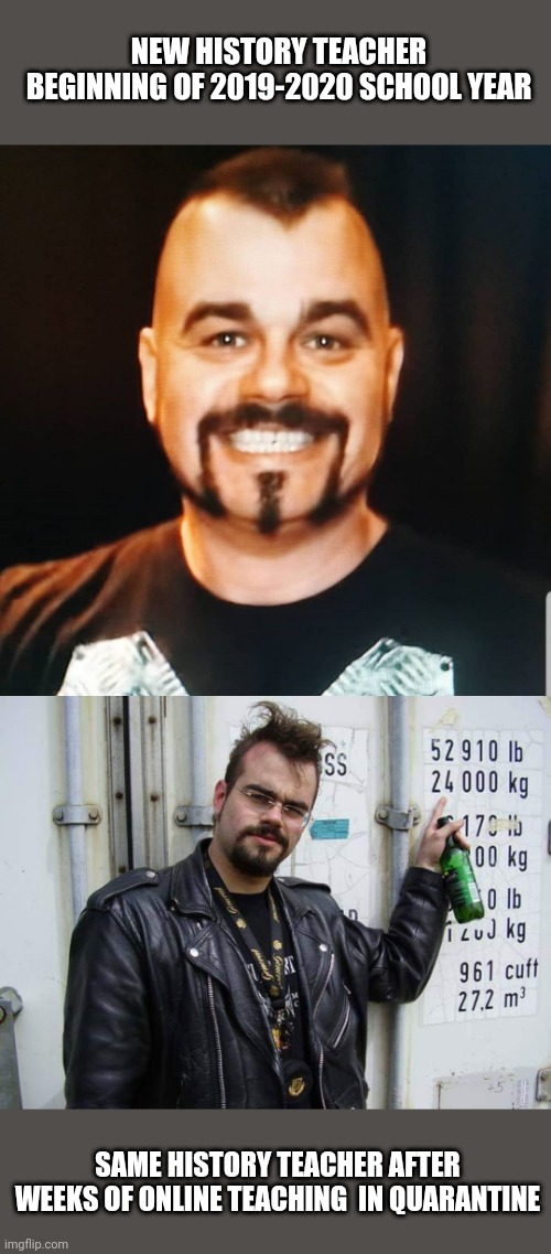 Sabaton History Class 2019-2020 School Year | NEW HISTORY TEACHER BEGINNING OF 2019-2020 SCHOOL YEAR; SAME HISTORY TEACHER AFTER WEEKS OF ONLINE TEACHING  IN QUARANTINE | image tagged in sabaton,history | made w/ Imgflip meme maker