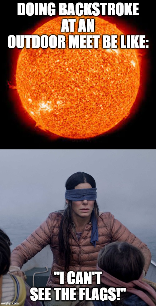 DOING BACKSTROKE AT AN OUTDOOR MEET BE LIKE:; "I CAN'T SEE THE FLAGS!" | image tagged in memes,bird box | made w/ Imgflip meme maker